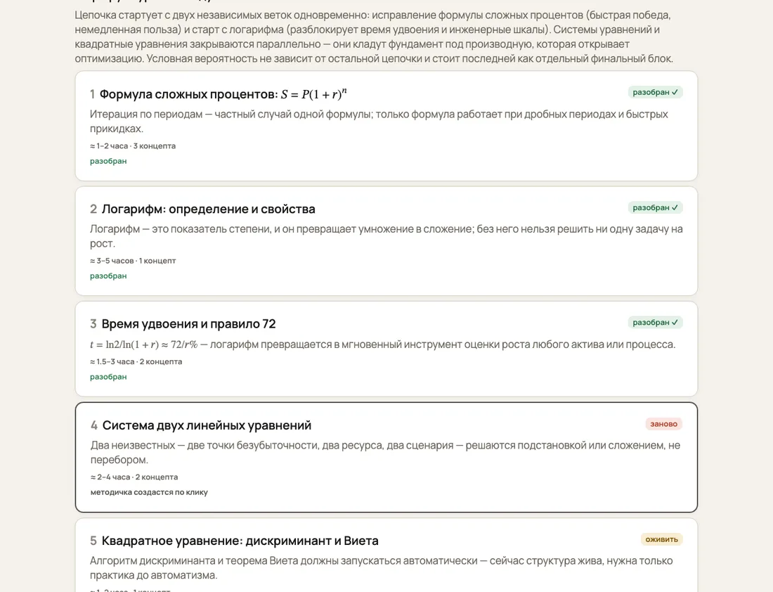Маршрут курса: модули с пометками «разобран», «оживить», «заново»